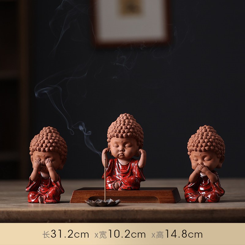 三不宝宝佛（红色  3个一套）+18cm重竹底座+合金莲花香插