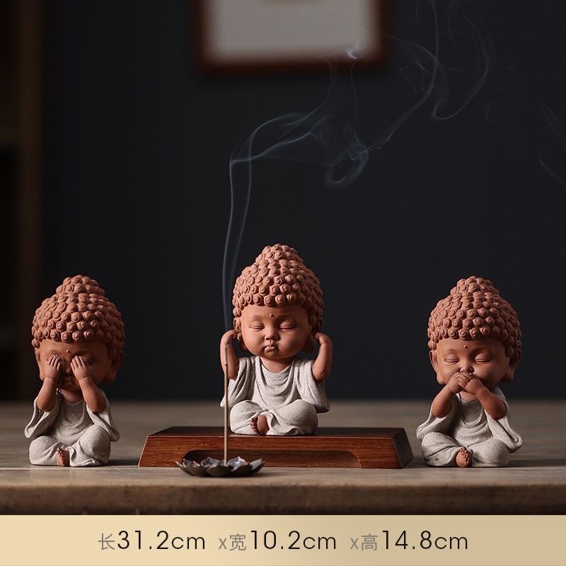 三不宝宝佛（灰白色  3个一套）+18cm重竹底座+合金莲花香插