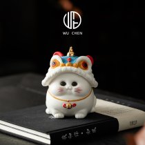 陶瓷招财猫家居小摆件办公室客厅桌面国潮醒狮舞狮