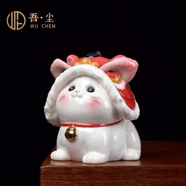 陶瓷可爱小猫咪家居客厅摆件陶瓷醒狮萌宠办公桌面书房车载装饰品