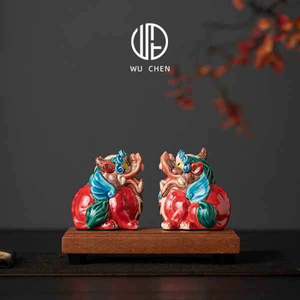 国潮陶瓷招财天禄貔貅公母客厅摆件交趾陶办公桌店铺开业装饰礼品